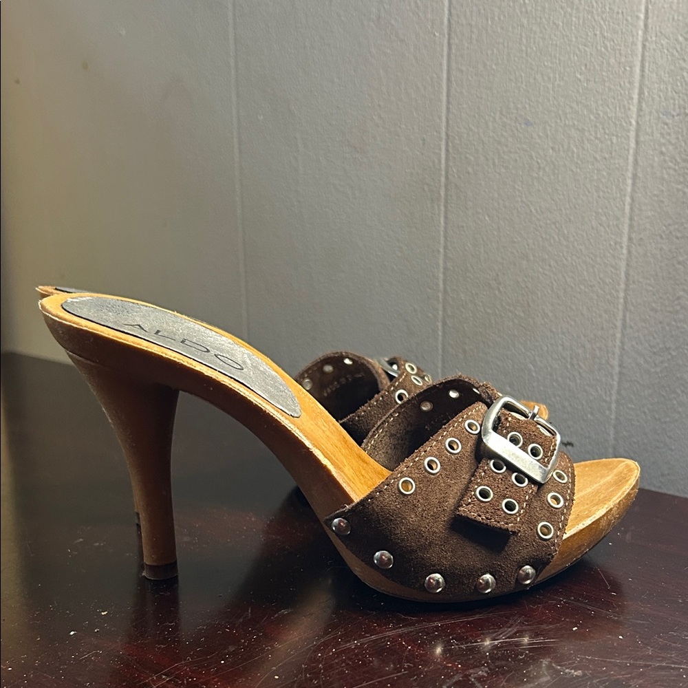 Aldo Brown Peep-Toe Heels with Silver Accents 4 35 - Picture 3 of 4